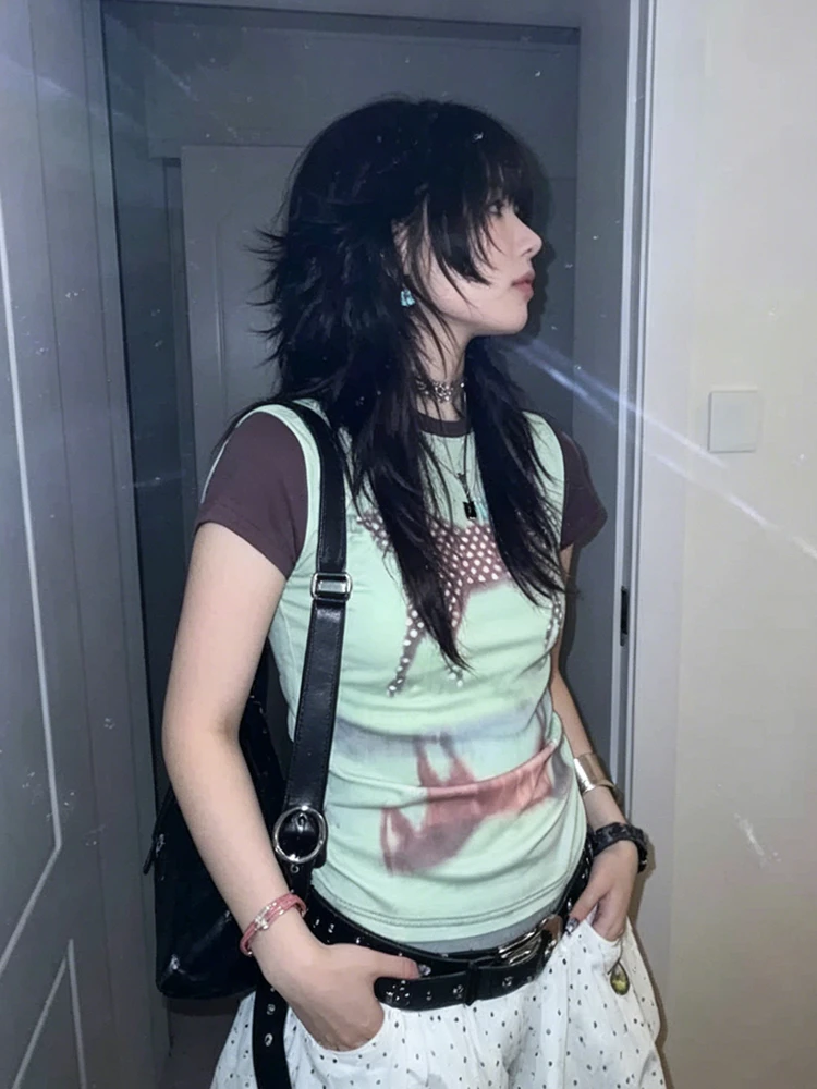 Tonngirls Y2k Japanese Print T Shirt Women Short Sleeve Aesthetic 2000s Crop Tops American Retro 90s Graphic Tops Streetwear
