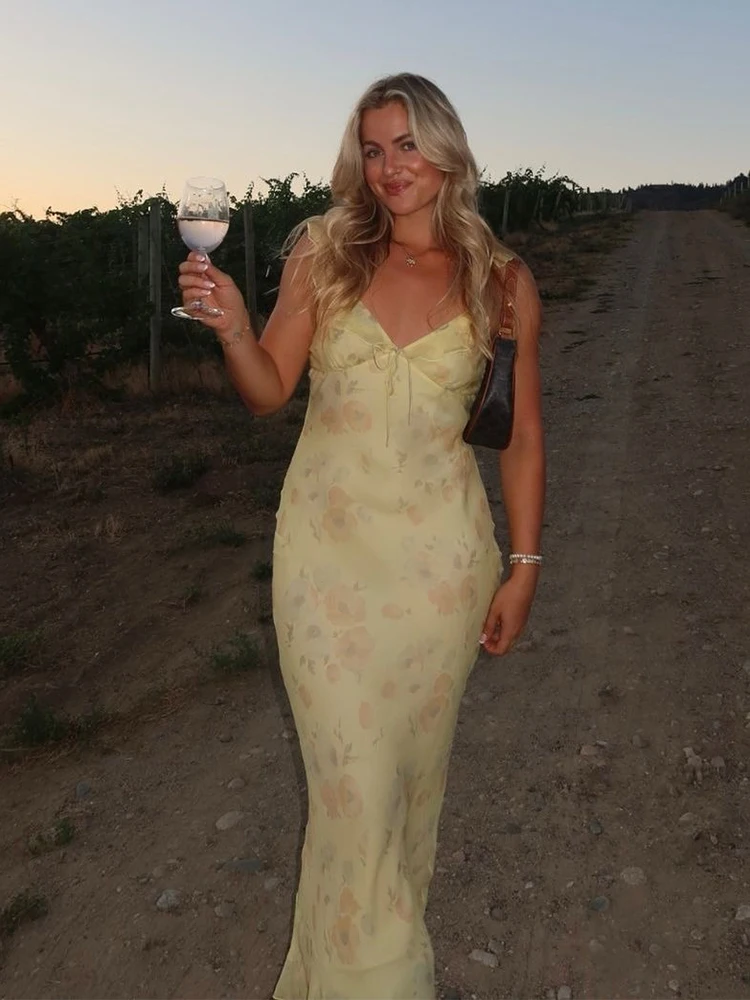Cryptographic Summer Floral Print Plunge Maxi Dress Outfits Sexy Backless Fairy Sun Dresses Vacation Beachwear Vestido Coquette