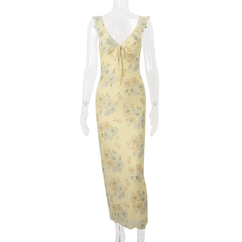 Cryptographic Summer Floral Print Plunge Maxi Dress Outfits Sexy Backless Fairy Sun Dresses Vacation Beachwear Vestido Coquette