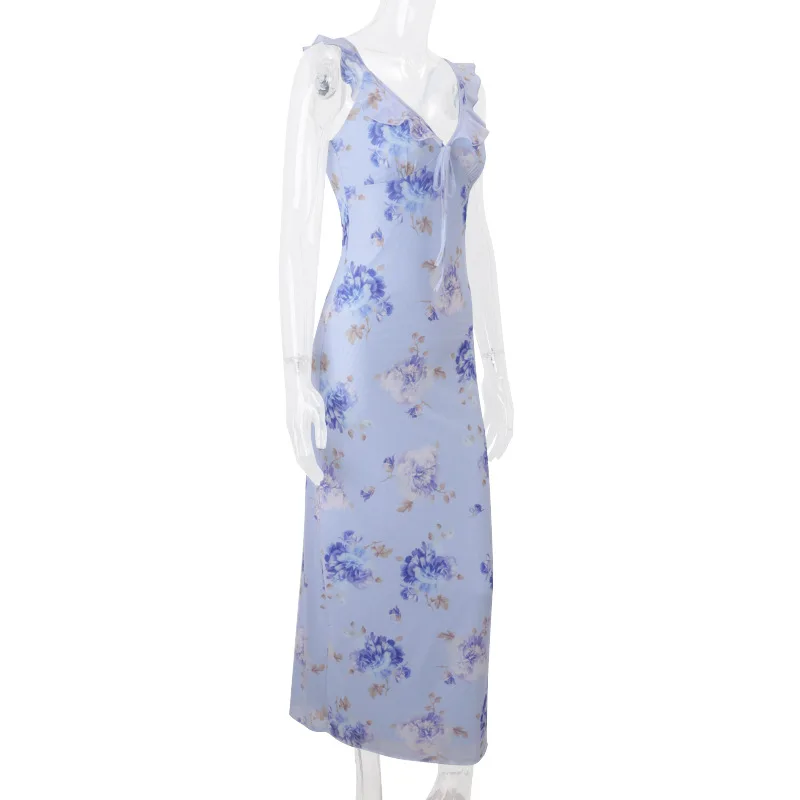 Cryptographic Summer Floral Print Plunge Maxi Dress Outfits Sexy Backless Fairy Sun Dresses Vacation Beachwear Vestido Coquette