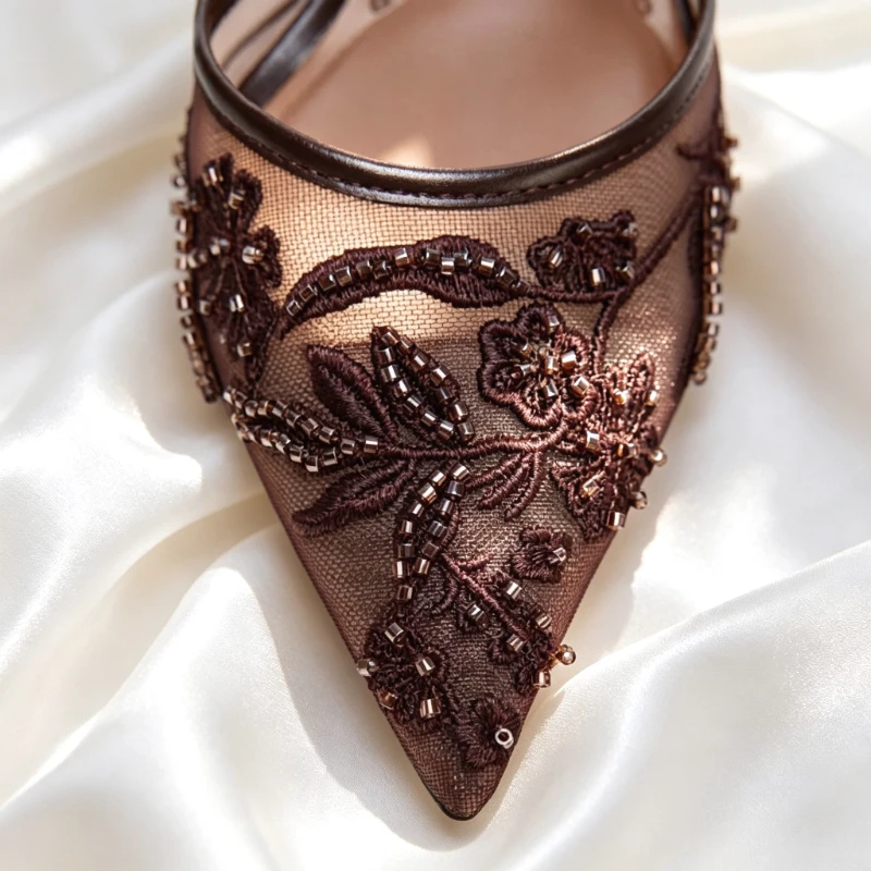 Mesh Embroider String Bead Detail High Heels Women Sexy Brown Pointed Toe Back Strap Heeled Sandals Summer Elegant Women Shoes
