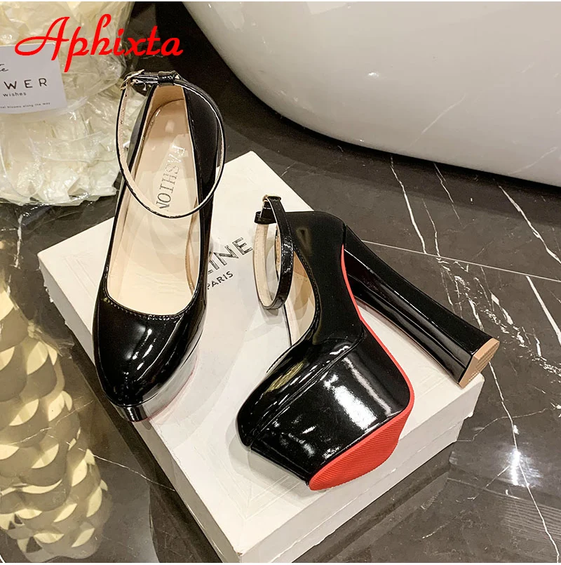 Aphixta 1cm Belt Buckle Red Party Disco Dance Pumps Women 5.5cm Platform 16cm Super High Chunky Heels Pumps Super Szie 48 49 50