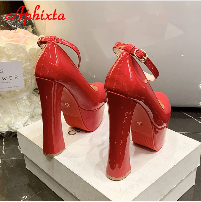 Aphixta 1cm Belt Buckle Red Party Disco Dance Pumps Women 5.5cm Platform 16cm Super High Chunky Heels Pumps Super Szie 48 49 50