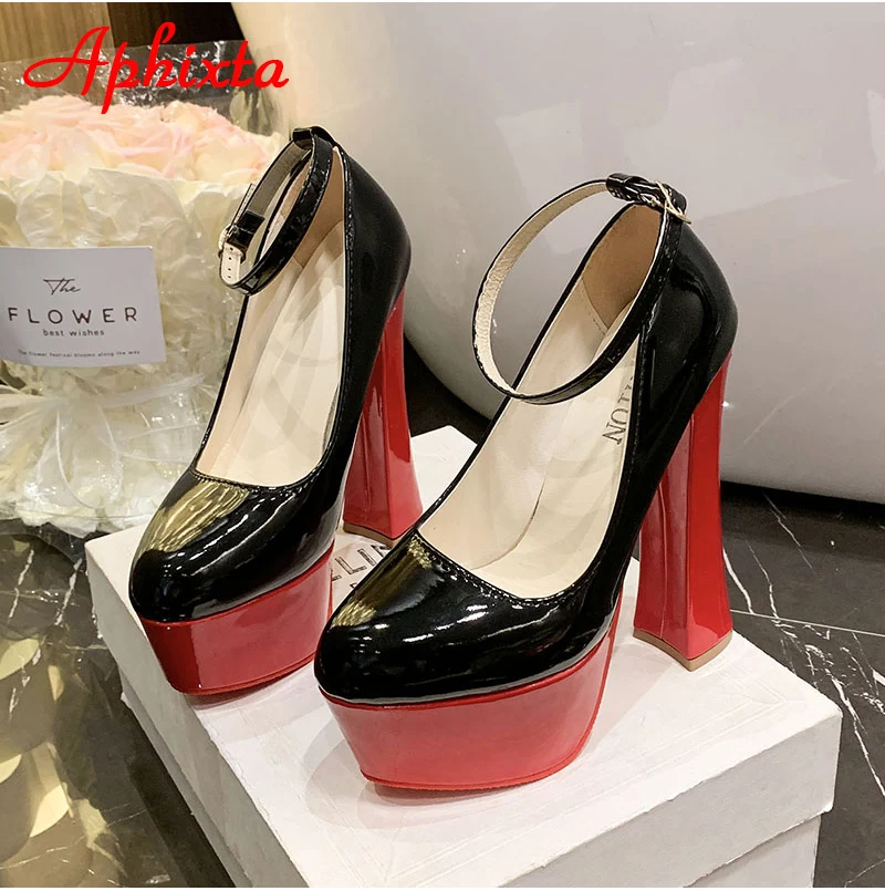Aphixta 1cm Belt Buckle Red Party Disco Dance Pumps Women 5.5cm Platform 16cm Super High Chunky Heels Pumps Super Szie 48 49 50