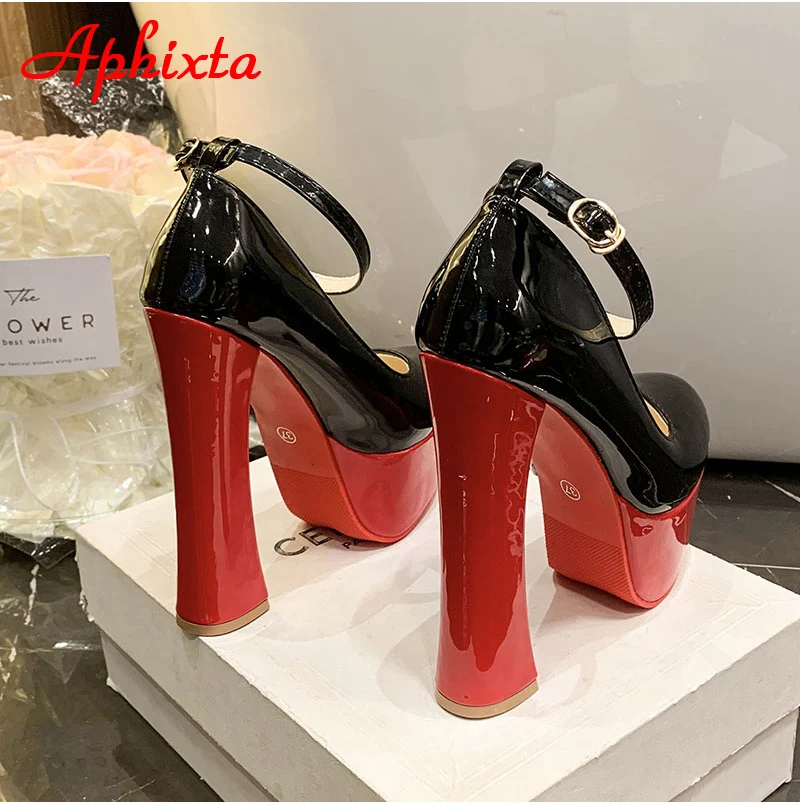 Aphixta 1cm Belt Buckle Red Party Disco Dance Pumps Women 5.5cm Platform 16cm Super High Chunky Heels Pumps Super Szie 48 49 50