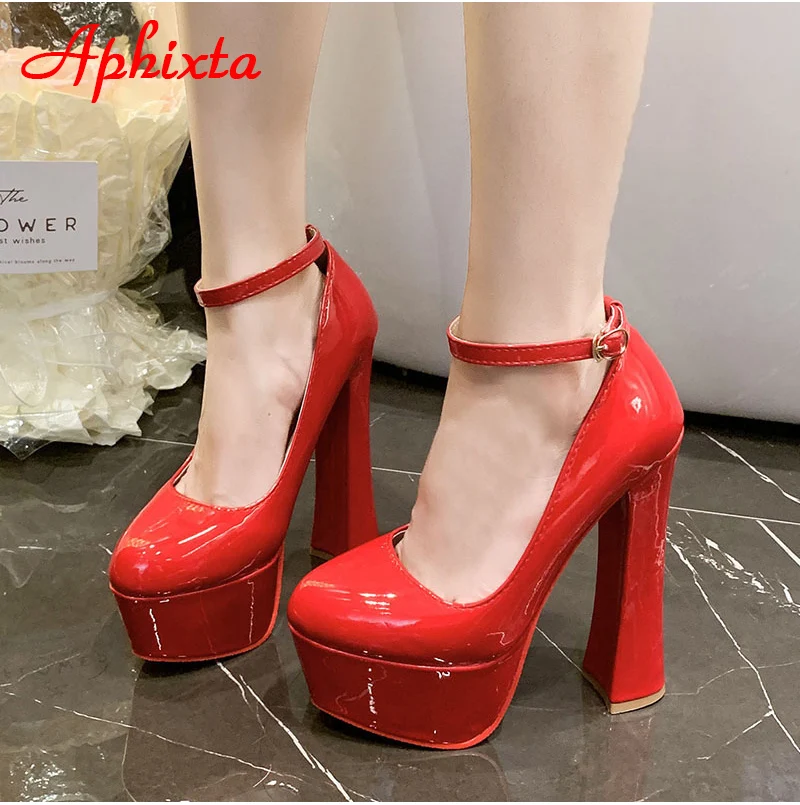 Aphixta 1cm Belt Buckle Red Party Disco Dance Pumps Women 5.5cm Platform 16cm Super High Chunky Heels Pumps Super Szie 48 49 50
