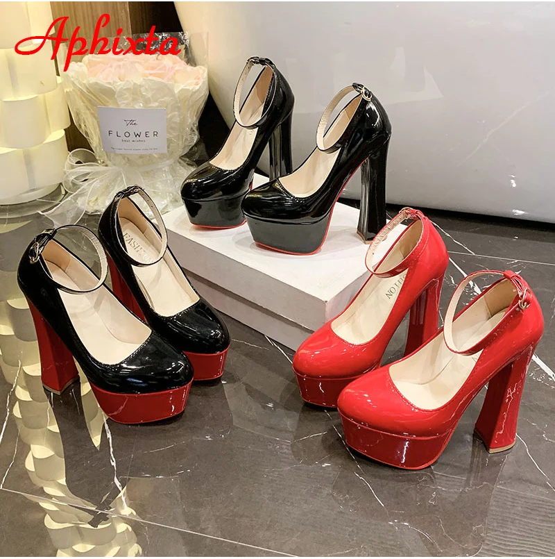 Aphixta 1cm Belt Buckle Red Party Disco Dance Pumps Women 5.5cm Platform 16cm Super High Chunky Heels Pumps Super Szie 48 49 50
