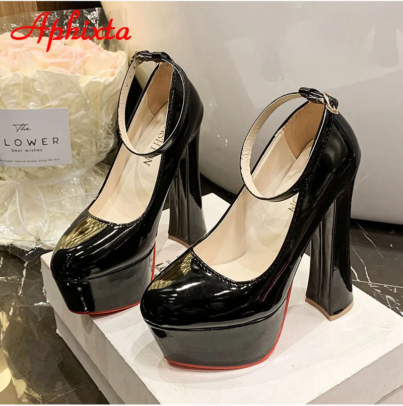 Aphixta 1cm Belt Buckle Red Party Disco Dance Pumps Women 5.5cm Platform 16cm Super High Chunky Heels Pumps Super Szie 48 49 50