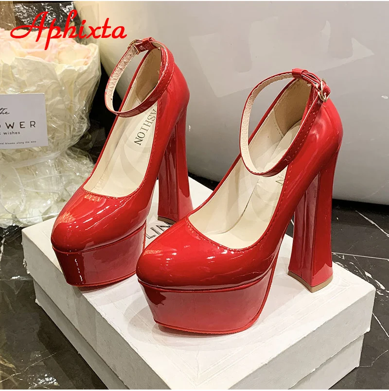 Aphixta 1cm Belt Buckle Red Party Disco Dance Pumps Women 5.5cm Platform 16cm Super High Chunky Heels Pumps Super Szie 48 49 50