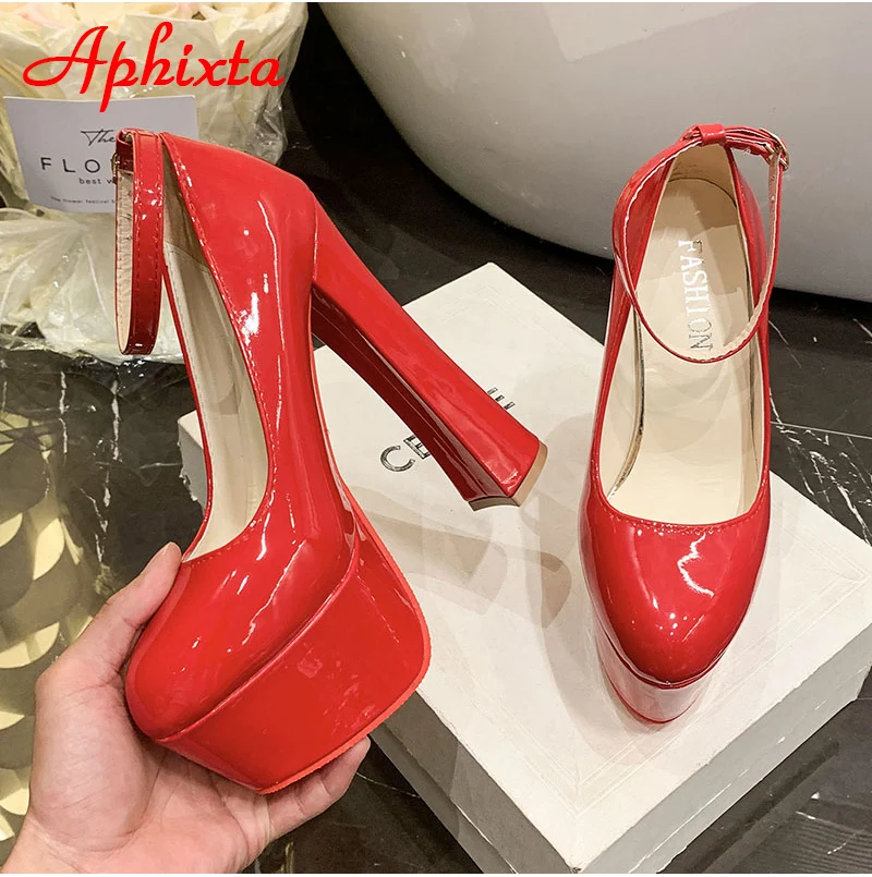 Aphixta 1cm Belt Buckle Red Party Disco Dance Pumps Women 5.5cm Platform 16cm Super High Chunky Heels Pumps Super Szie 48 49 50