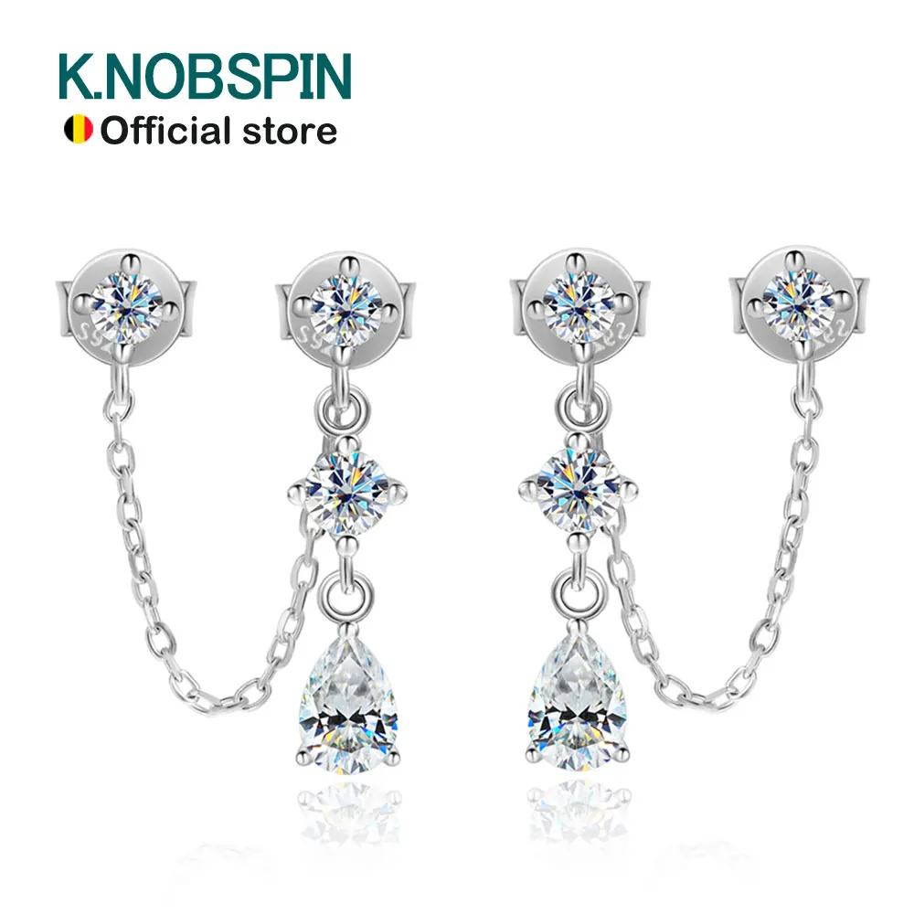 KNOBSPIN D VVS1 Moissanite Earrings for Women GRA Certified Pear Cut Pendant Tassel Earring Solid s925 Silver Dainty Ear Ring