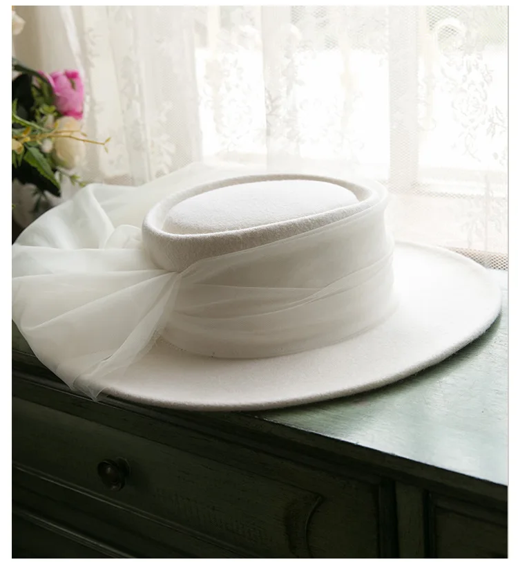 New French 100% Wool Top Hat Veil Vintage Dinner Party Elegant White Fedora Travel Light Wedding Head Dress Accessories