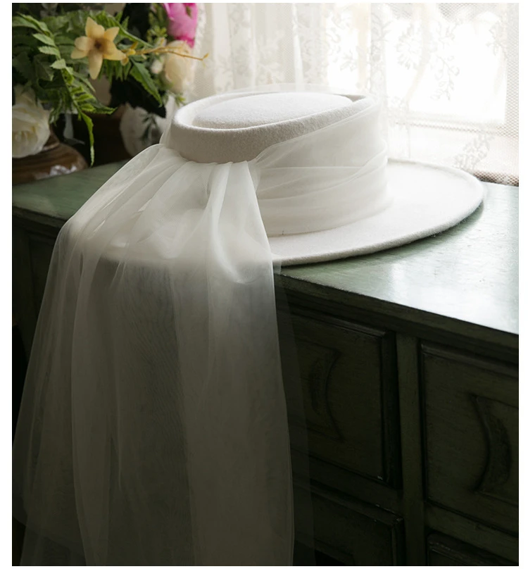 New French 100% Wool Top Hat Veil Vintage Dinner Party Elegant White Fedora Travel Light Wedding Head Dress Accessories