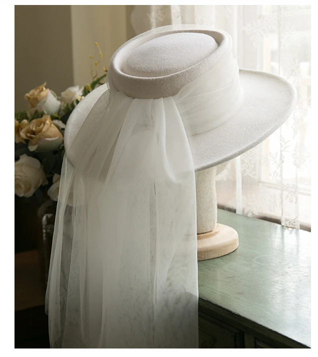 New French 100% Wool Top Hat Veil Vintage Dinner Party Elegant White Fedora Travel Light Wedding Head Dress Accessories