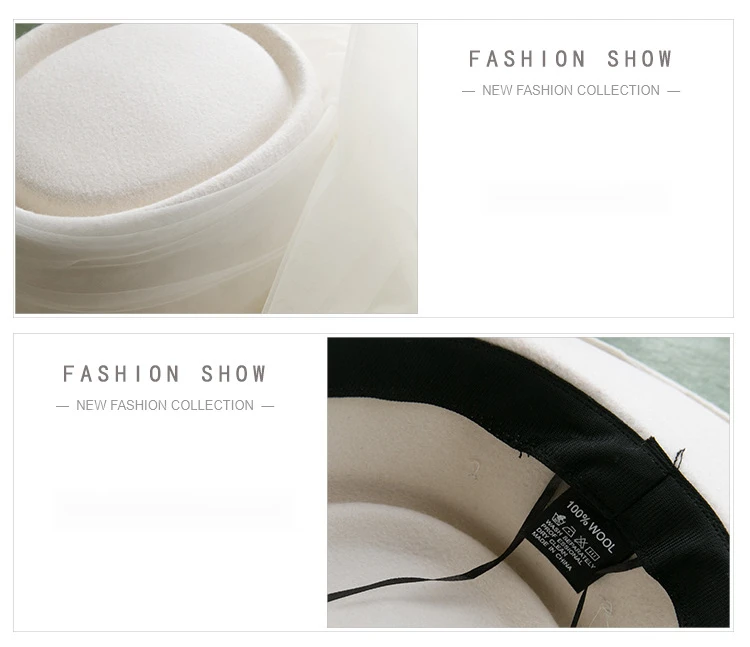 New French 100% Wool Top Hat Veil Vintage Dinner Party Elegant White Fedora Travel Light Wedding Head Dress Accessories