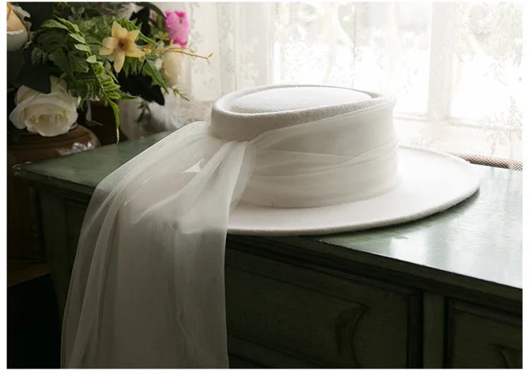 New French 100% Wool Top Hat Veil Vintage Dinner Party Elegant White Fedora Travel Light Wedding Head Dress Accessories