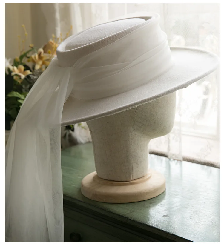 New French 100% Wool Top Hat Veil Vintage Dinner Party Elegant White Fedora Travel Light Wedding Head Dress Accessories