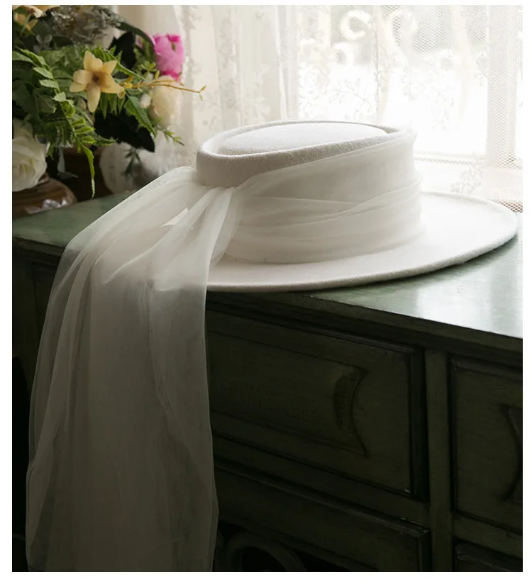 New French 100% Wool Top Hat Veil Vintage Dinner Party Elegant White Fedora Travel Light Wedding Head Dress Accessories