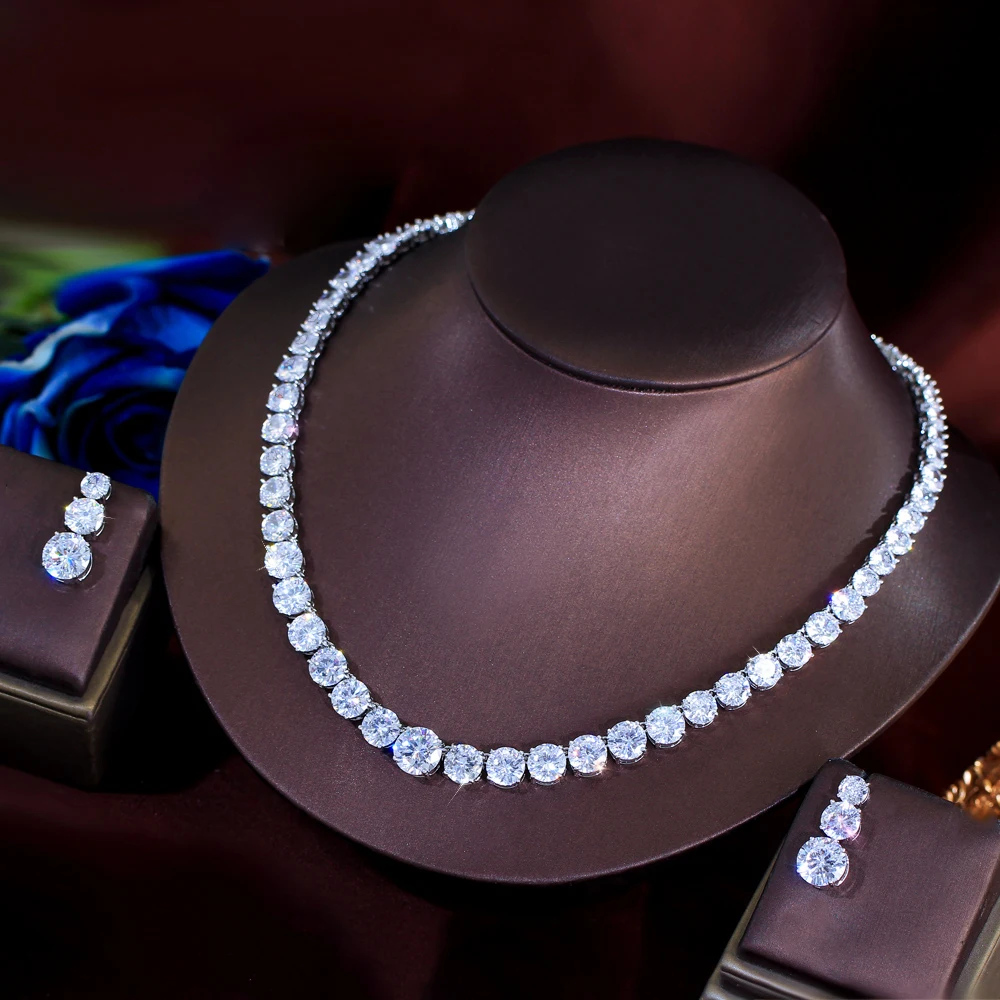 ThreeGraces Glittering Round Cubic Zirconia Tennis Necklace and Earrings Wedding Bridal Party Jewelry Set for Women T1085