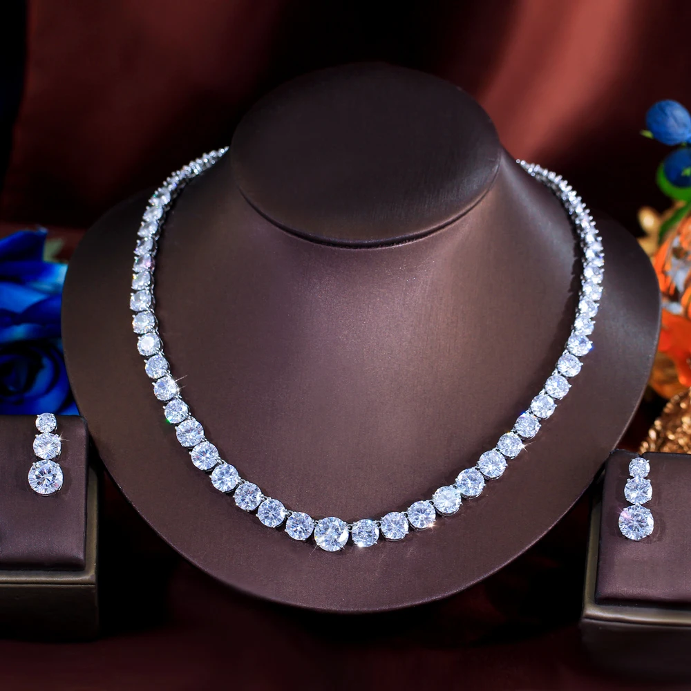 ThreeGraces Glittering Round Cubic Zirconia Tennis Necklace and Earrings Wedding Bridal Party Jewelry Set for Women T1085