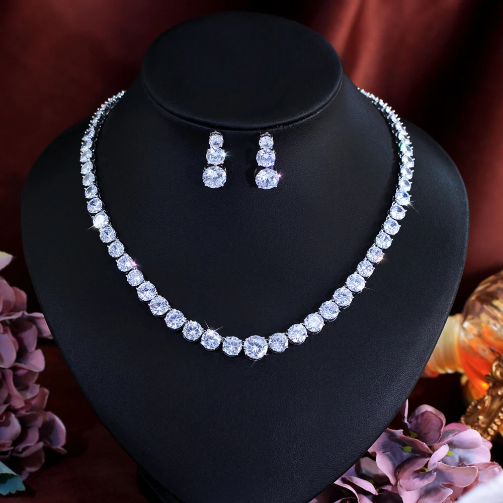 ThreeGraces Glittering Round Cubic Zirconia Tennis Necklace and Earrings Wedding Bridal Party Jewelry Set for Women T1085