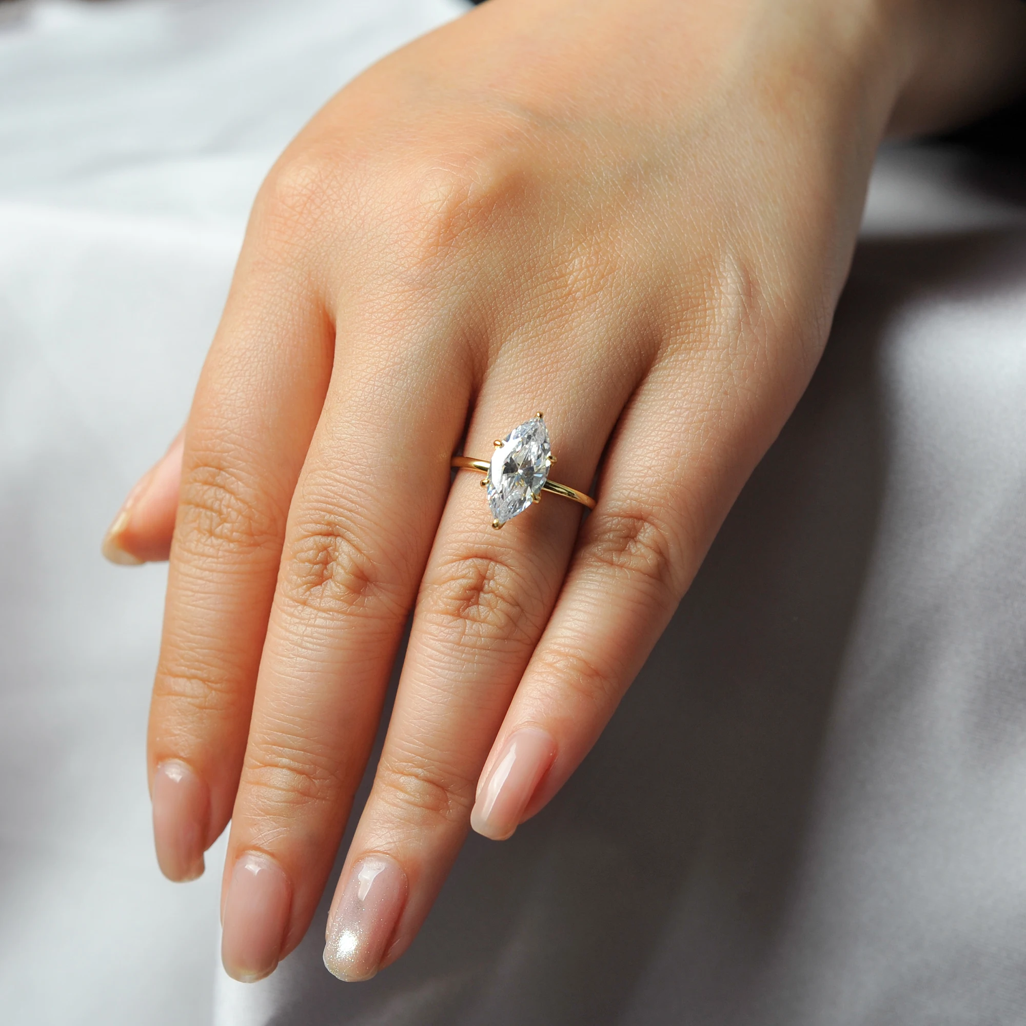 POTIY 3.5ct 5A Marquise Cut Cubic Zirconia Solitaire Engagement Ring 925 Sterling Silver Gold Plated Bridal Gift for Her
