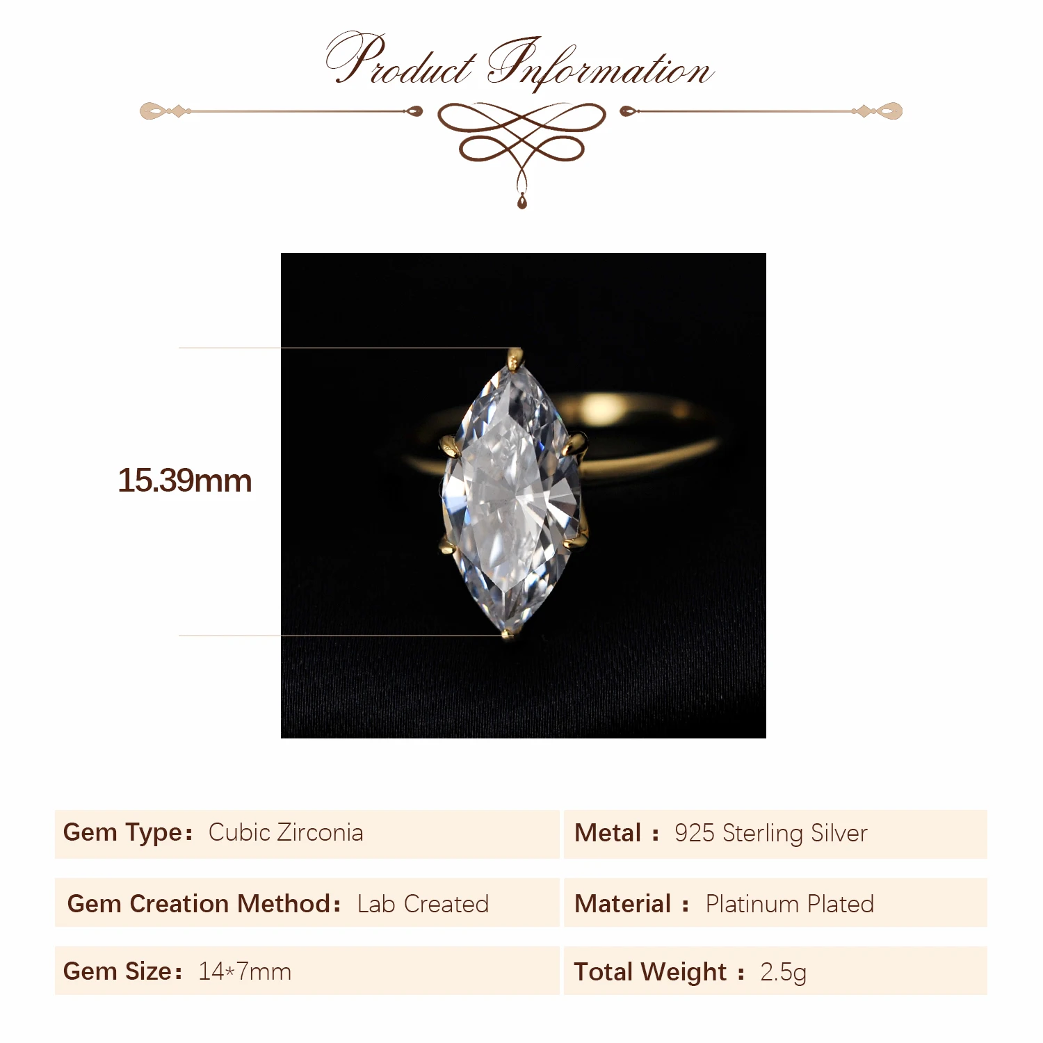 POTIY 3.5ct 5A Marquise Cut Cubic Zirconia Solitaire Engagement Ring 925 Sterling Silver Gold Plated Bridal Gift for Her