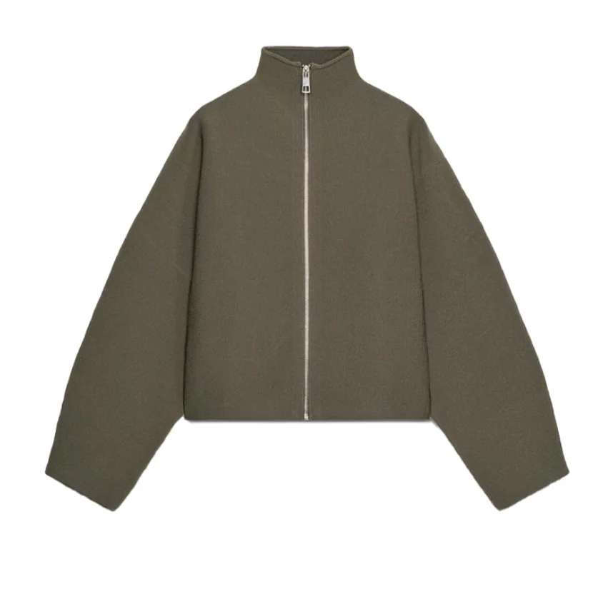 Vintage Stand Collar Women's Cropped Jacket Zipper Loose Full Sleeve Thick Warm Coat 2025 Autumn Winter Lady New in Outwear