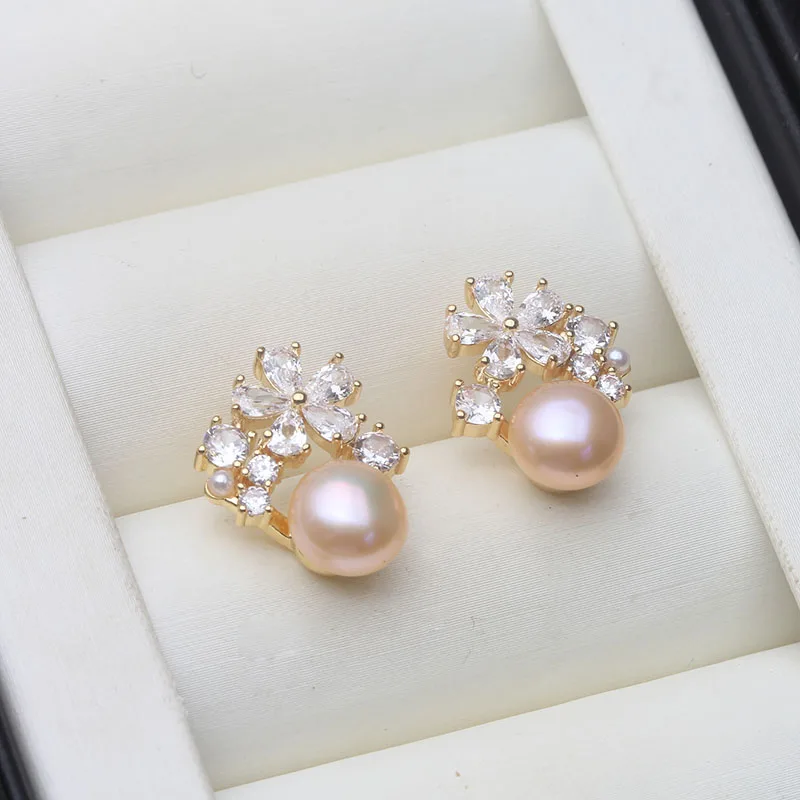 Real Freshwater Earrings with Natural Pearls,Flower White Natural Pearl Earrings Jewelry Wife Mother Birthday Gifts Pink Black