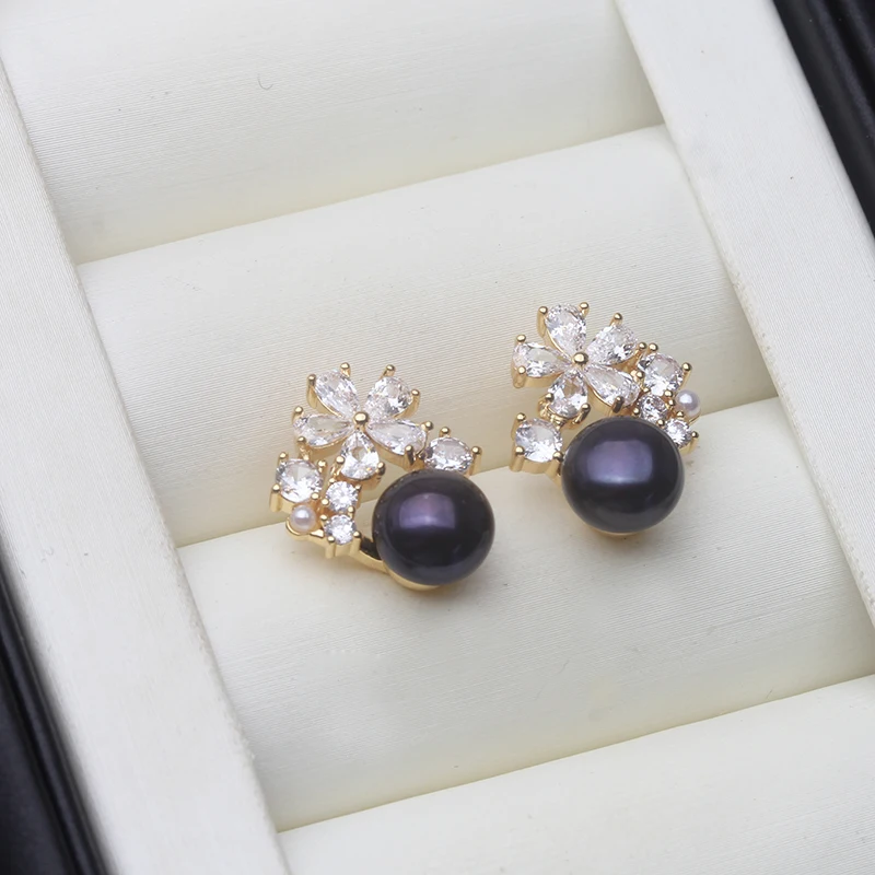 Real Freshwater Earrings with Natural Pearls,Flower White Natural Pearl Earrings Jewelry Wife Mother Birthday Gifts Pink Black