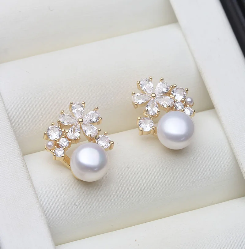 Real Freshwater Earrings with Natural Pearls,Flower White Natural Pearl Earrings Jewelry Wife Mother Birthday Gifts Pink Black