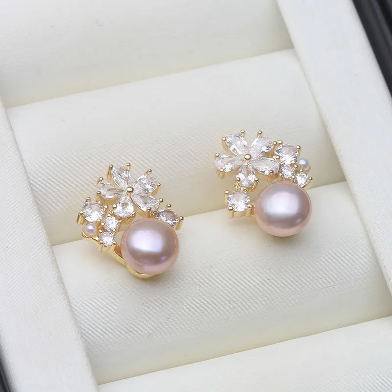 Real Freshwater Earrings with Natural Pearls,Flower White Natural Pearl Earrings Jewelry Wife Mother Birthday Gifts Pink Black
