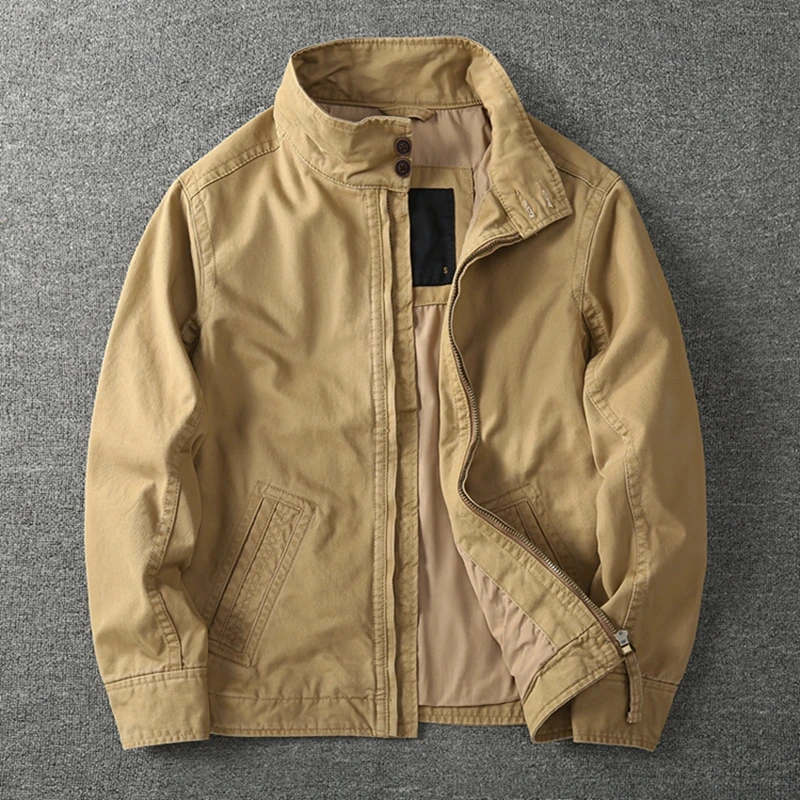 2025 Autumn and Winter American Retro Woven Cargo Jacket Men's Trendy 100% Cotton Washed Stand Collar Slim Tough Guy Casual Coat
