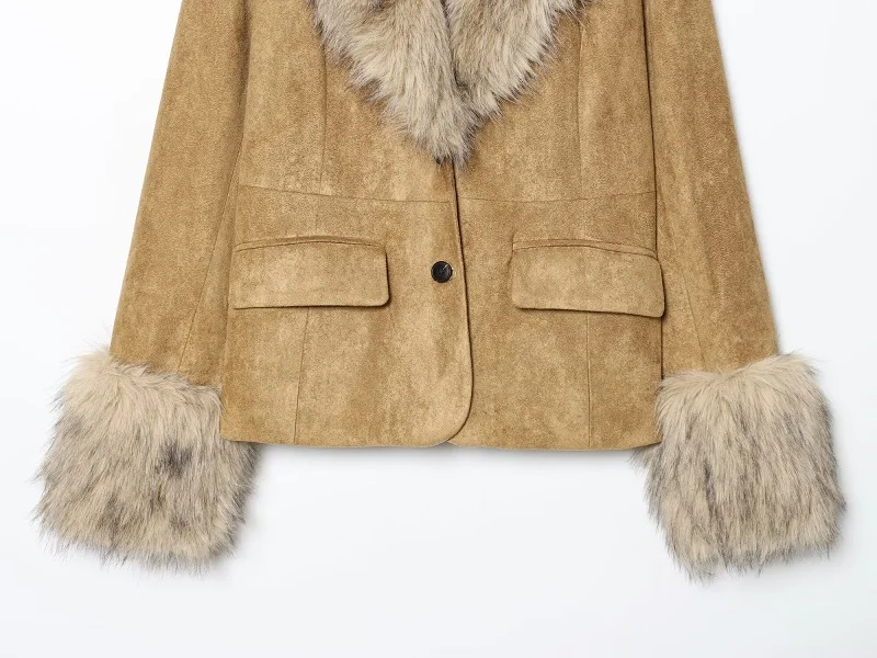 MUJER Faux Fur Suede Blazers for Women Faux Leather Women's Tailoring Blazers Winter Luxury Woman Blazer Fitted Coats and Jacket