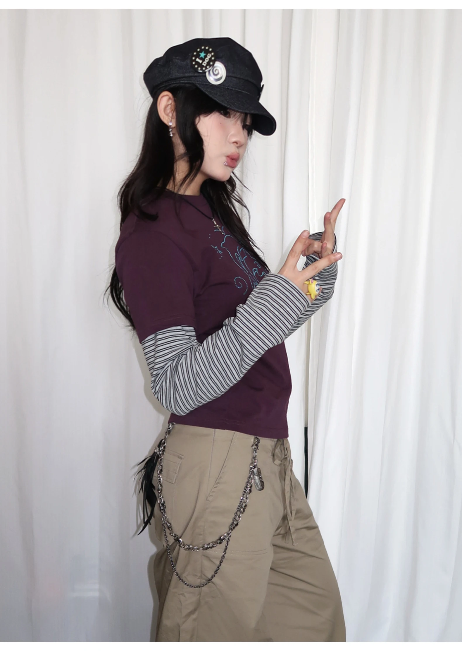 Tonngirl Y2k Vintage T-shirt Women Long Sleeve Patchwork Japanese 2000s Grunge Tops Streetwear American Retro Print Graphic Tops