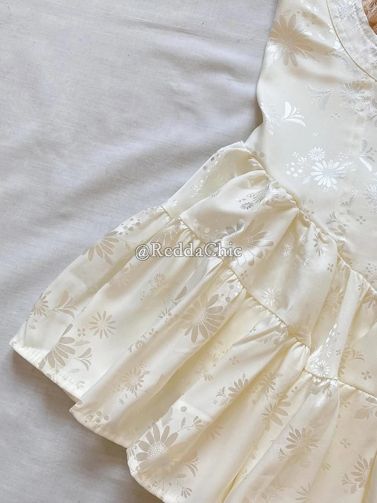 ReddaChic Mini Cami Dress with Built-in Shorts Spaghetti Straps Glossy Floral Women Satin Rompers One Piece Puffy Pants Party
