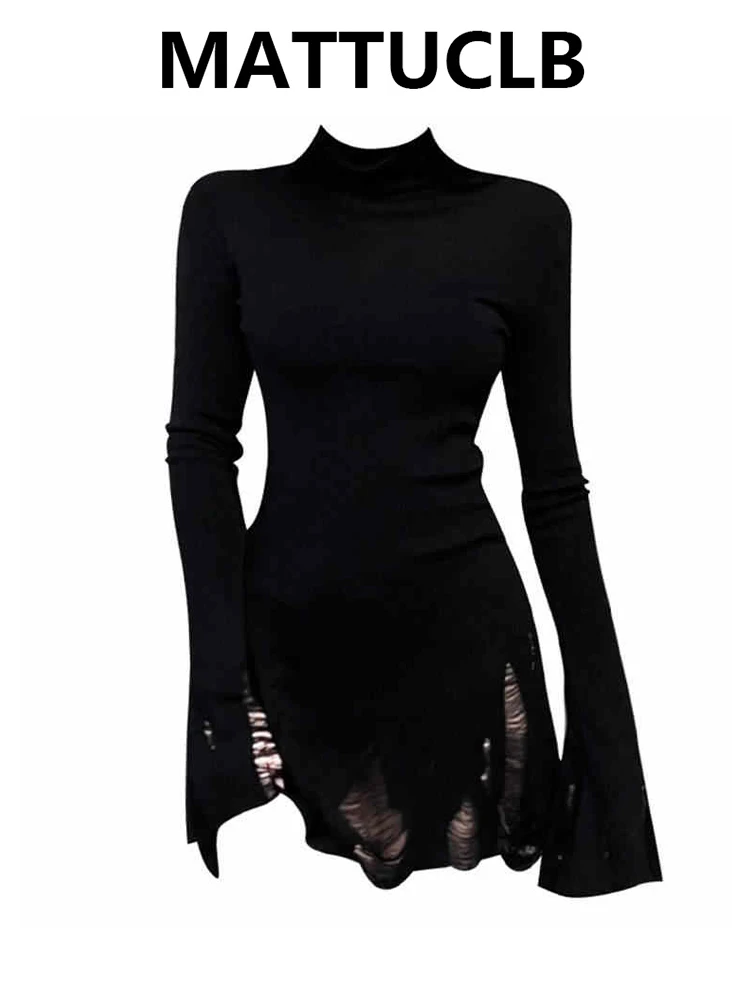 Autumn Winter Women's Sweater Baddie Style Ripped 2000s Long Sleeve Dark Academia Jumper Knitwear Jerseys High Street Gothic