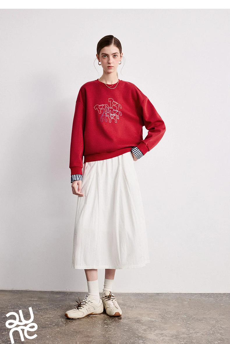 TOYOUTH Women Crewneck Patchwork Plaid Fake Two-Piece Pony Embroidery Loose Sweatshirt 2026 Spring New Tops