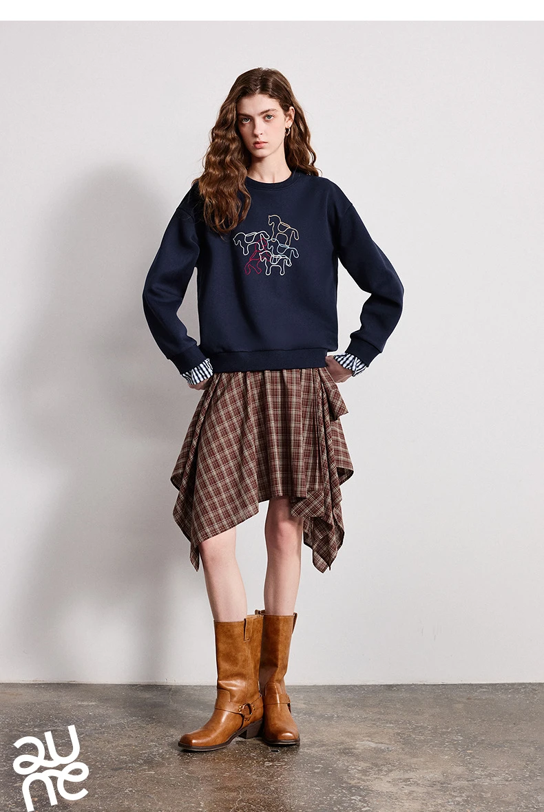 TOYOUTH Women Crewneck Patchwork Plaid Fake Two-Piece Pony Embroidery Loose Sweatshirt 2026 Spring New Tops