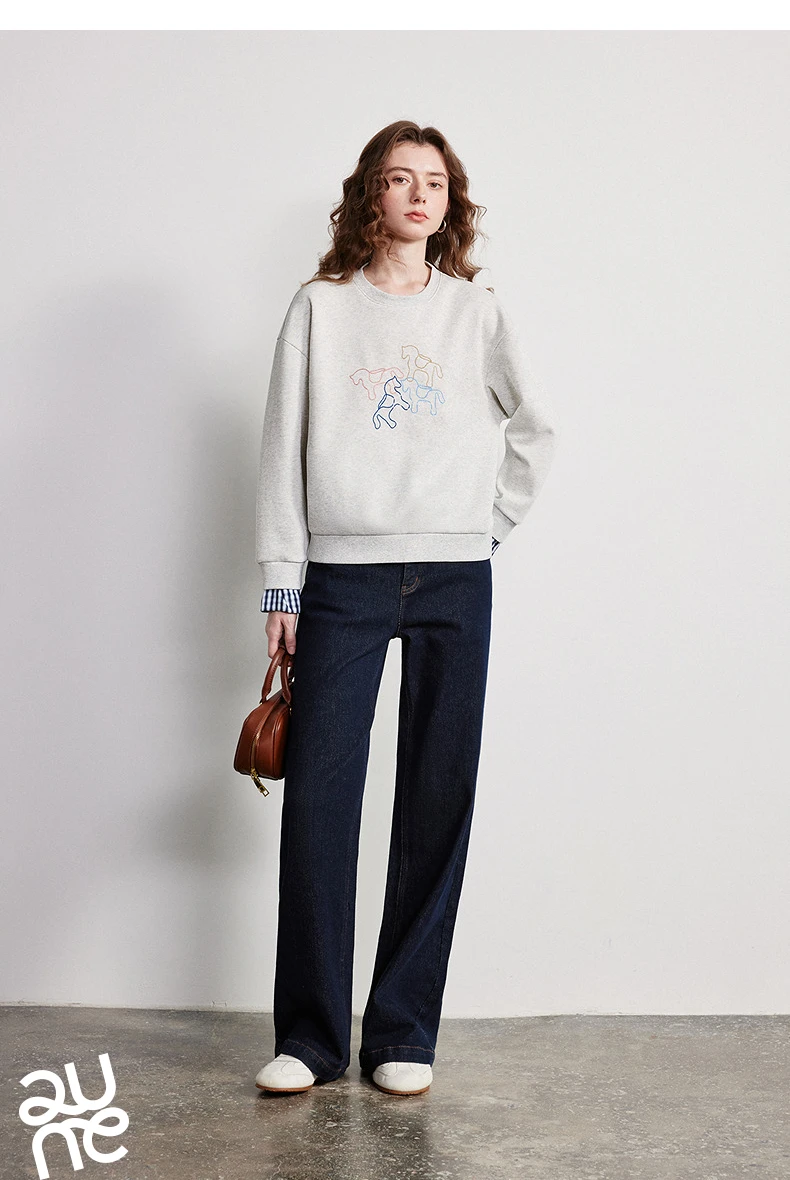 TOYOUTH Women Crewneck Patchwork Plaid Fake Two-Piece Pony Embroidery Loose Sweatshirt 2026 Spring New Tops