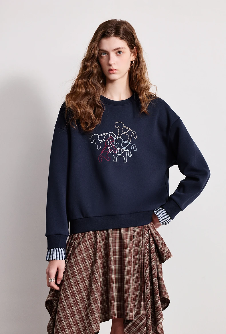 TOYOUTH Women Crewneck Patchwork Plaid Fake Two-Piece Pony Embroidery Loose Sweatshirt 2026 Spring New Tops