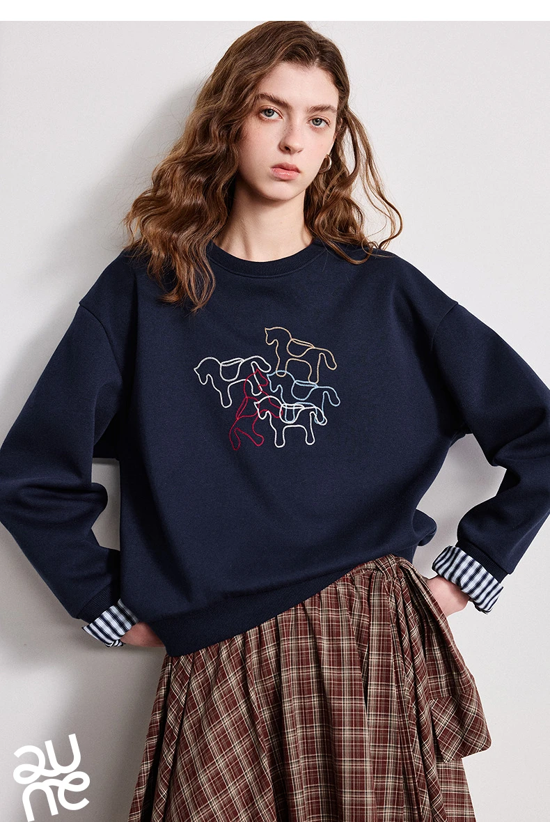 TOYOUTH Women Crewneck Patchwork Plaid Fake Two-Piece Pony Embroidery Loose Sweatshirt 2026 Spring New Tops