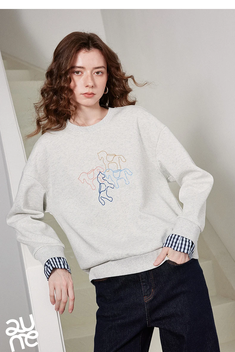 TOYOUTH Women Crewneck Patchwork Plaid Fake Two-Piece Pony Embroidery Loose Sweatshirt 2026 Spring New Tops