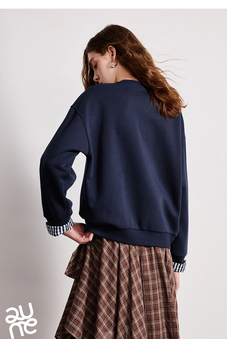 TOYOUTH Women Crewneck Patchwork Plaid Fake Two-Piece Pony Embroidery Loose Sweatshirt 2026 Spring New Tops