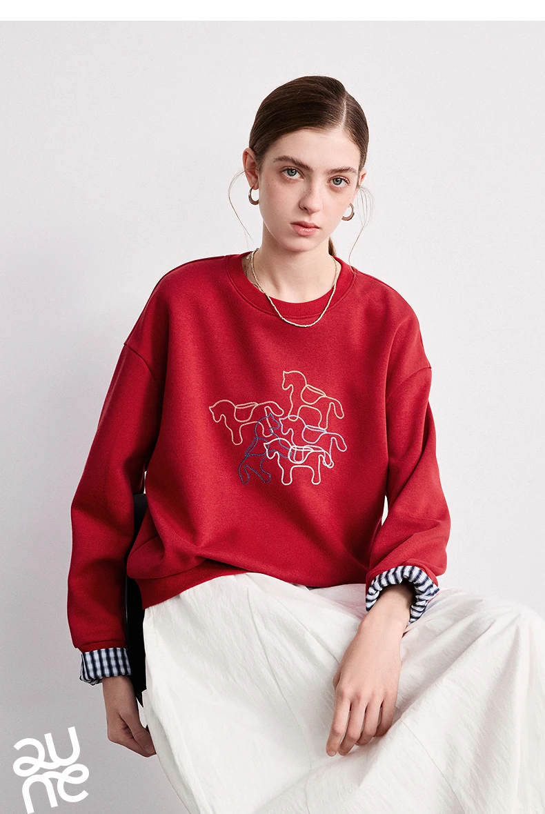 TOYOUTH Women Crewneck Patchwork Plaid Fake Two-Piece Pony Embroidery Loose Sweatshirt 2026 Spring New Tops