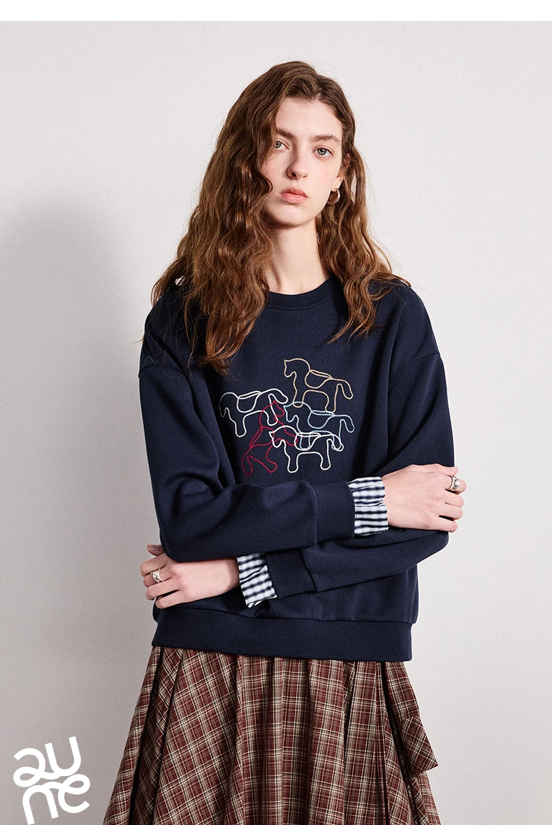 TOYOUTH Women Crewneck Patchwork Plaid Fake Two-Piece Pony Embroidery Loose Sweatshirt 2026 Spring New Tops