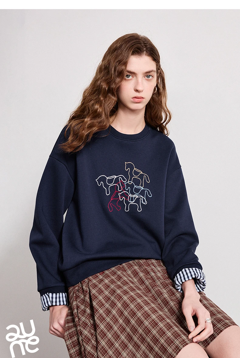 TOYOUTH Women Crewneck Patchwork Plaid Fake Two-Piece Pony Embroidery Loose Sweatshirt 2026 Spring New Tops