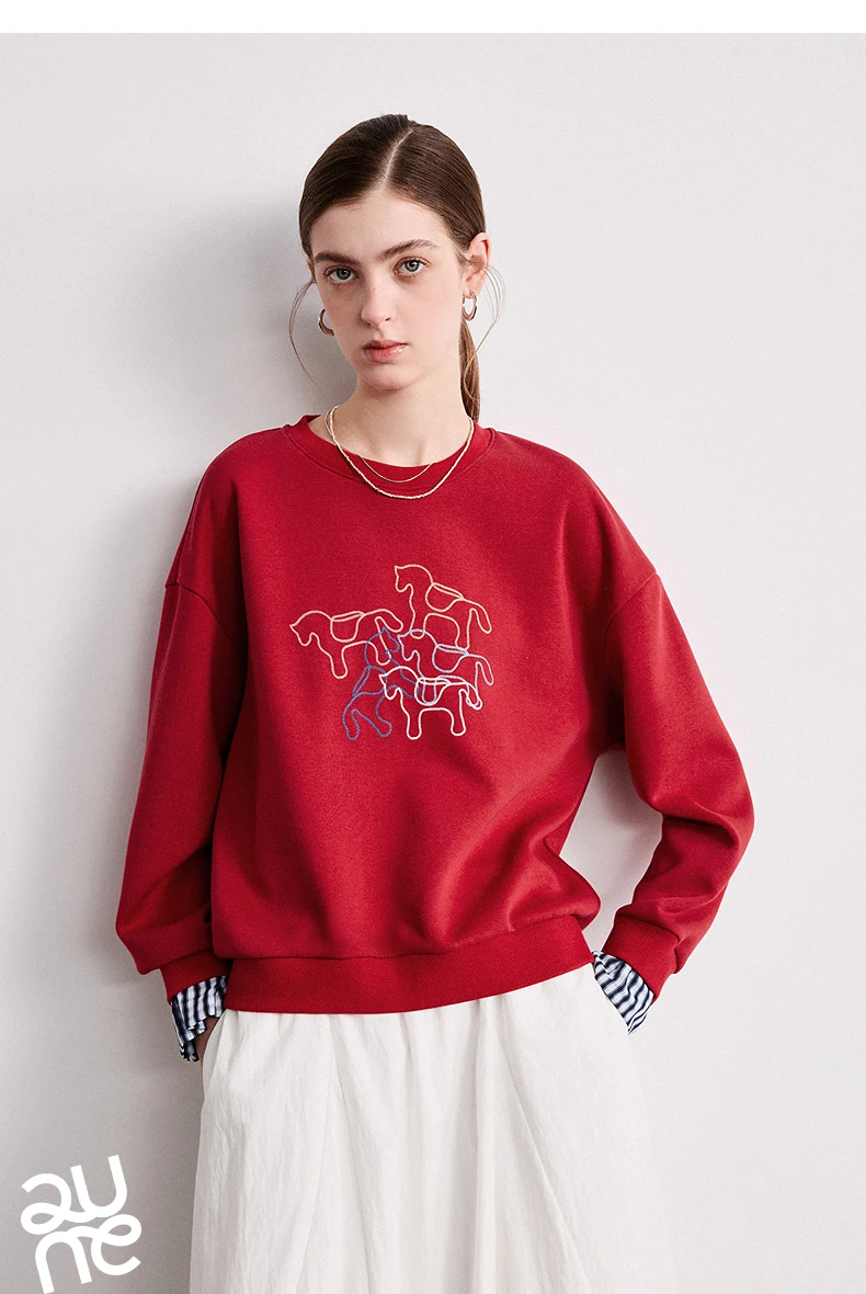 TOYOUTH Women Crewneck Patchwork Plaid Fake Two-Piece Pony Embroidery Loose Sweatshirt 2026 Spring New Tops