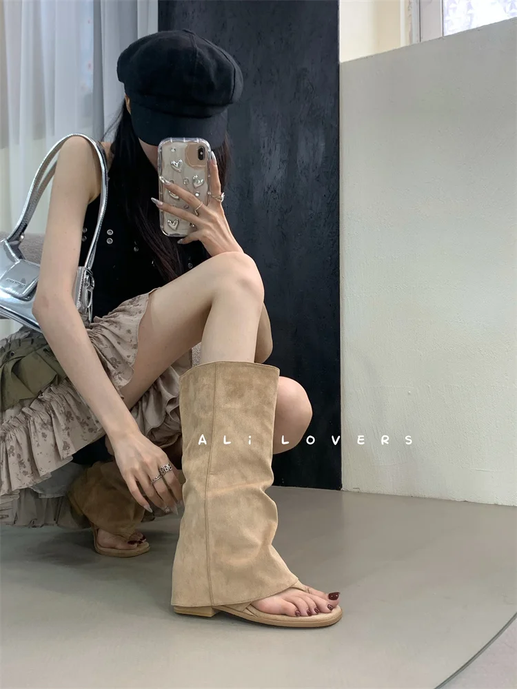 New 2025 Summer Women Sandals Boots Fashion Open Toe Flats Sheepskin Sandals Retro High Top Ladies Street Shoes Zapatos De Mujer