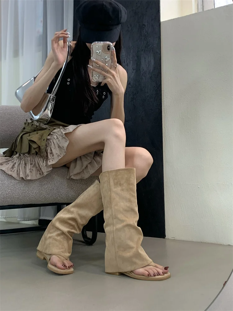New 2025 Summer Women Sandals Boots Fashion Open Toe Flats Sheepskin Sandals Retro High Top Ladies Street Shoes Zapatos De Mujer